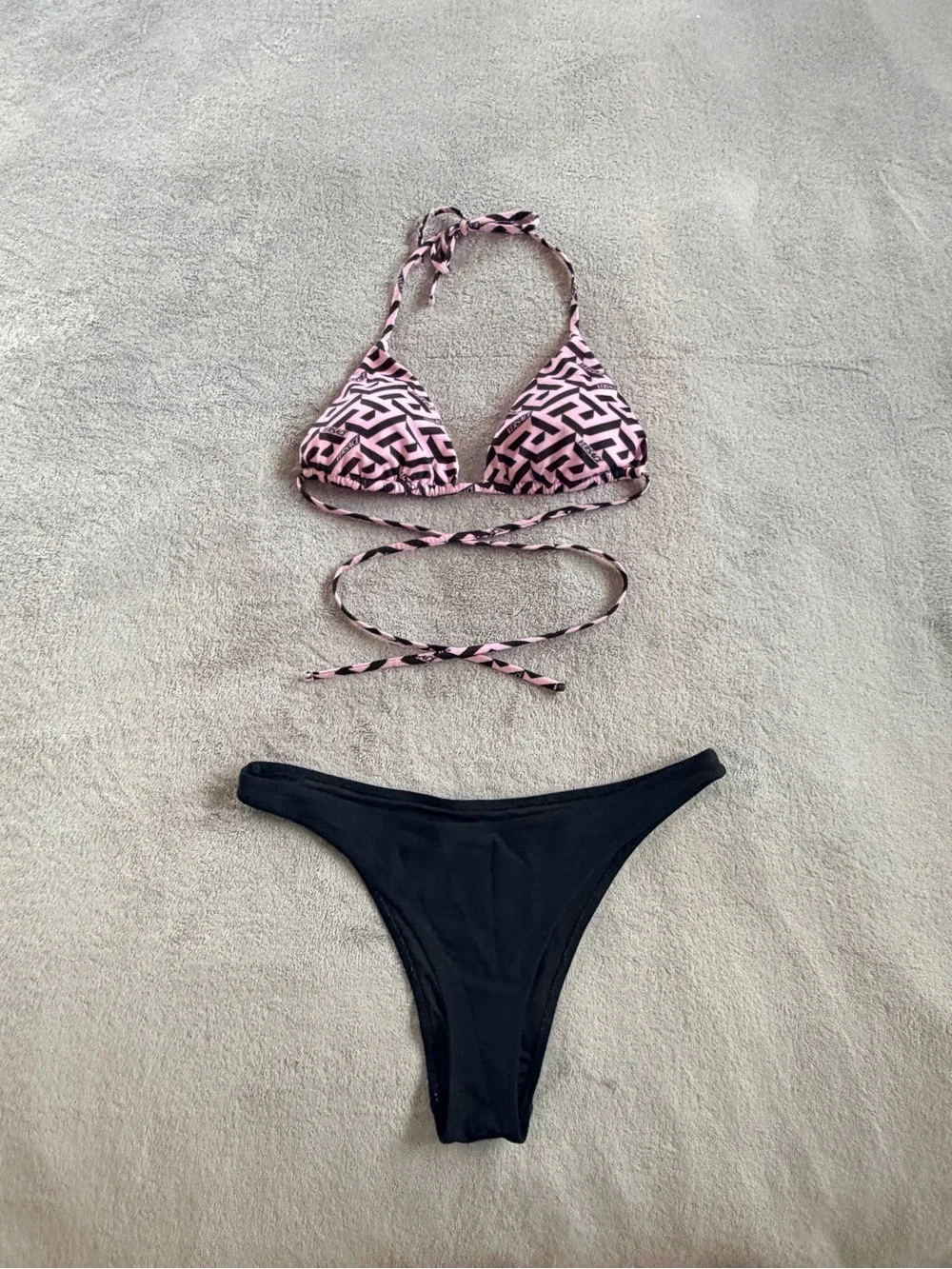 Versace Women's Pink Patterned Triangle Bikini Top with Black Bottom Size S